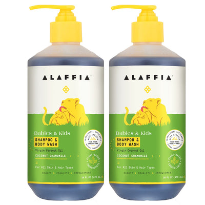 Two bottles of Alaffia Babies & Kids Shampoo & Body Wash on a white background