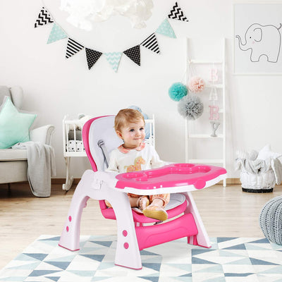 Costzon Baby High Chair, 3 in 1 Infant Table and Chair Set, Convertible Booster Seat with 3-Position Adjustable Feeding Tray, Adjustable Seat Back, 5-Point Harness (Pink)
