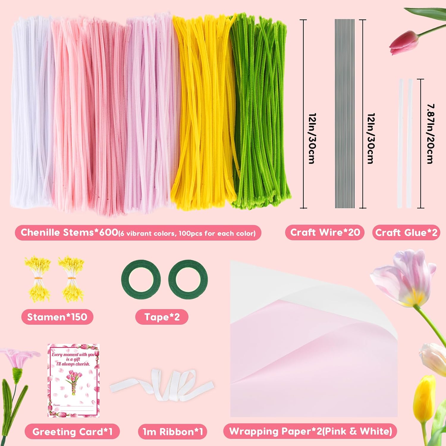 600PCS Pipe Cleaners Craft, Pipe Cleaner Bulk Flower Kit, 6 Colors Chenille Stems Flower Making Kit with Floral Wires, Gardening Tape, Stamen, Floral Wrapping Paper & Ribbon for Art and Craft Supplies