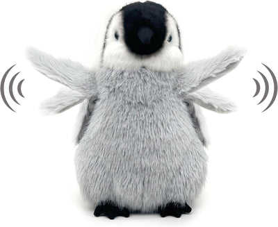 Plush penguin toy with sound effects on a white background