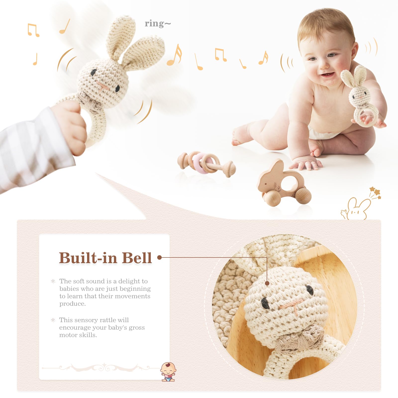 let's make Wooden Baby Rattle 3 PCS Push Car Rattle Set Crochet Rattle Ring Wooden Montessori Toy for Newborn Infant Baby Gifts (Rabbit Rattle)
