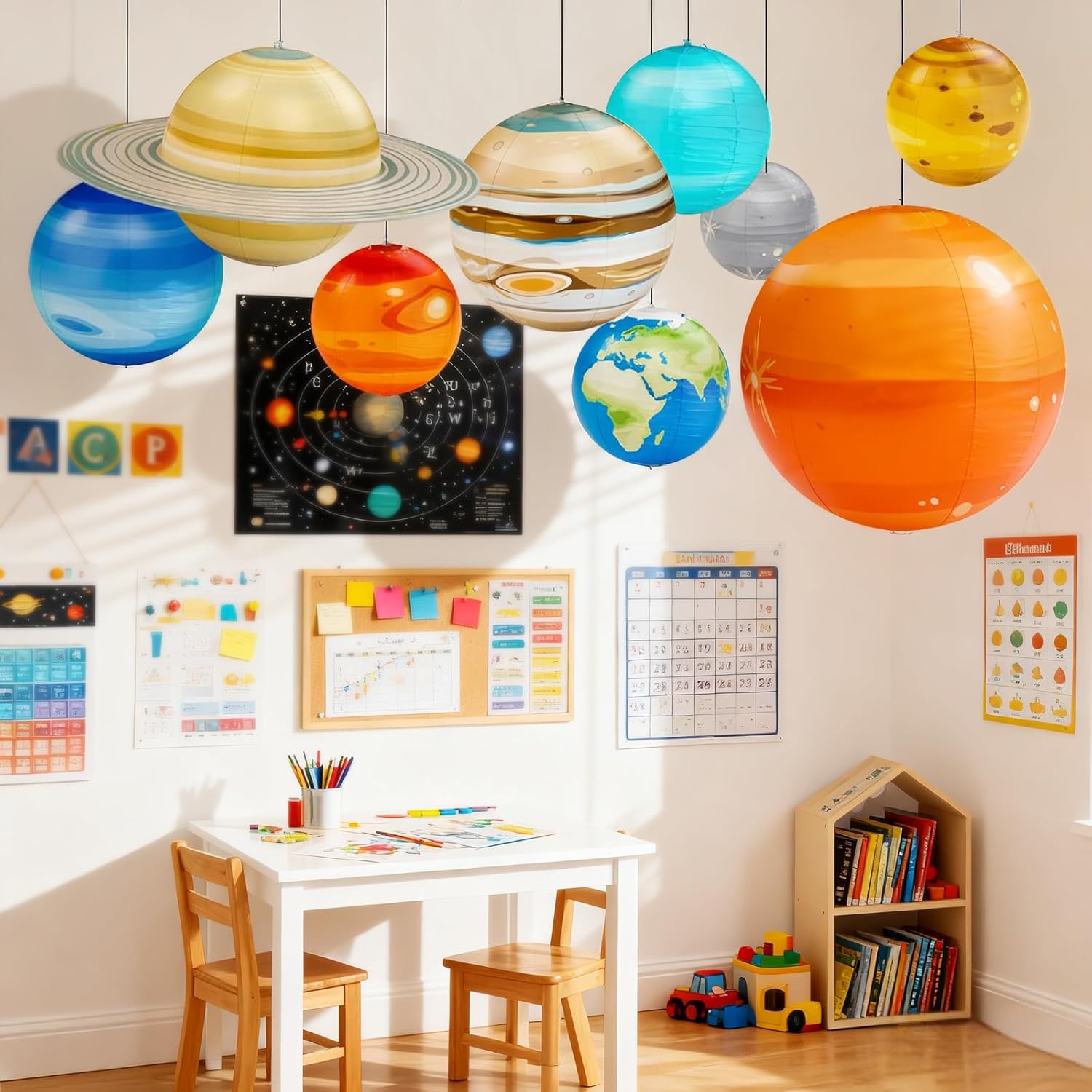 Inflatable Solar System Planets for Kids - 9 Giant Hanging Planets for Science Classroom Ceiling & Boys Room Decor, Space Themed Party Decorations Supplies with Pump, Astronomy Gifts for Ages 6-12