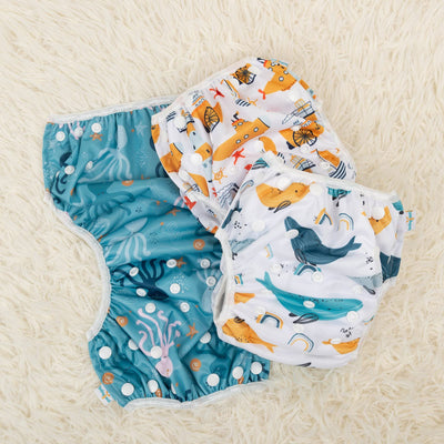 Babygoal Baby Swim Diapers 3 Pack for 0-8 Months Infant Girls and Boys, Reusable Adjustable Washable for Swimming Lessons-Shark & Octopus