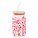 Silver Buffalo Strawberry Shortcake Strawberry Dessert and Jam Pink Glass Jar Tumbler with Bamboo Lid and Glass Straw, 16 Ounces