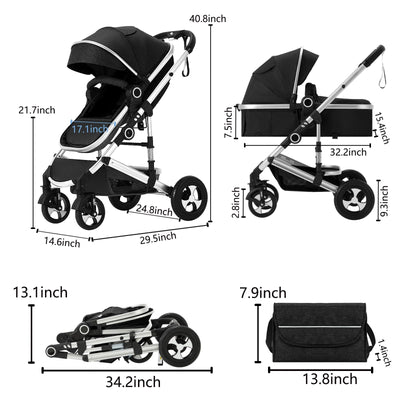 Kinder King 2 in 1 Convertible Baby Stroller, Folding High Landscape Infant Carriage, Newborn Reversible Bassinet Pram, Adjustable Canopy, Diaper Bag, Anti-Shock Toddler Pushchair Stroller, Black