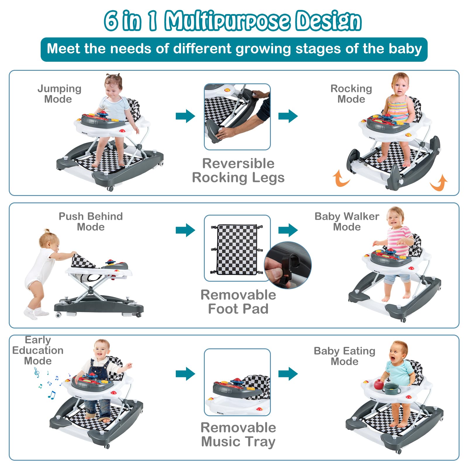 HONEY JOY Baby Walker, 6-in-1 Foldable Baby Walker and Bouncer Combo, Infant Activity Walker with Wheels, Adjustable Heights, Rocker, Music, Lights, Walker for Baby Boy Girl 7-14 Months (Gray)