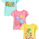 The Children's Place Baby Girls Short Sleeve Graphic 3-Pack Infant-and-Toddler-t-Shirts, Educational, 2T US