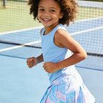 PATPAT Girls 2 Piece Tennis Skirt Set Size 6-7, Blue Tank Tops and Blue Tie Dye Pleated Skort with Built In Shorts 2 Piece Outfits Girl Summer Clothes Workout Outfit Athletic Sets Activewear