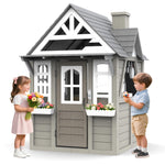 Kids Playhouse Outdoor,Cedar Gray Wooden Play House for Kids Ages 3-8,Interactive Doorbell, Kitchen Counter with Utensils, Sink, Window Boxes for Flowers and Toys