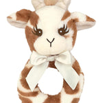 Plush toy shaped like a giraffe with a white bow on a white background