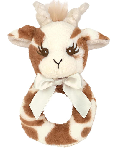 Plush toy shaped like a giraffe with a white bow on a white background