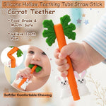 Easter Baby Teething Toys Silicone Carrot Rabbit Hollow Teething Tubes -Sensory Chew Toys Over 3 Months - Teether Straws for Teething Relief -BPA Free Infant Toys Baby Shower Gifts Baby Essentials (1)