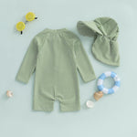 Gueuusu Baby Boys Girls Swimsuit One Piece Striped Zipper Bathing Suit Rash Guard Long Sleeve Seersucker Swimwear Sunsuit (Green, 12-18 Months)