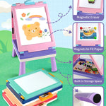 Elovien Easel for Kids, 4 in 1 Double Sided Toddler Art Easel with Chalkboard & Magnetic Whiteboard, Foldable Kid Tabletop Easel with Drawing & Writing Accessories - Educational Gift for Girl (Purple)