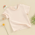 Tsseiatte 3-Pack Toddler Baby Boy Girl Short Sleeve Crew Neck T Shirt Pullover Shirts Summer Basic Tees Solid Casual Clothes (A-Beige Blue Green, 18-24 Months)