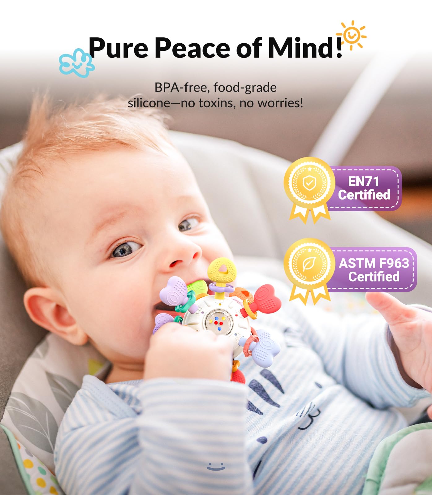 Baby Silicone Teething Toys - Safe, Multi-Functional BPA-Free Sensory Learning Teether Montessori Baby Toys for Infant 0-12 Months Teething Relief with Rattle Perfect Baby Gift for Boys Girls