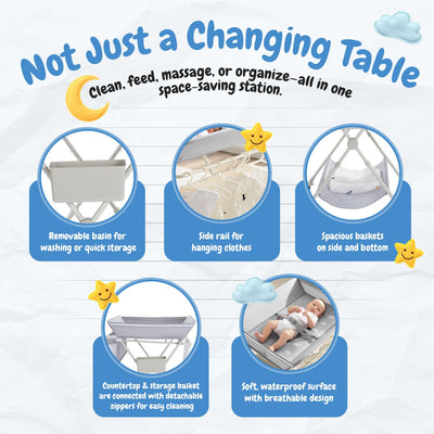 BABY SKYE Diaper Changing Table Portable with Wheels Foldable Diaper Station Organizer & Storage Rack Newborn and Baby (Light Grey)