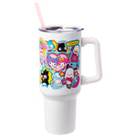Silver Buffalo Sanrio Hello Kitty and Friends Cinnamoroll, Kuromi, Chococat, Badtz-Maru, Keroppi, etc Sticker Collage Stainless Steel Tumbler w Handle and Straw, Fits in Standard Cup Holder, 40 Ounces