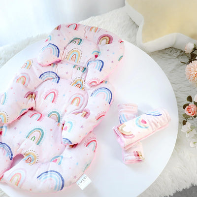 CARUILI Infant Car Seat Insert Cushion, Super Soft Baby Car Seat Head Support & 2 Straps Pads, Reversible Preemie Newborn Carseat Insert, Fit Car Seat, Stroller, Infant Bouncer, Pink Rainbow