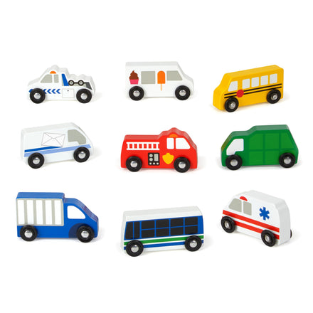 Set of toy vehicles including a police car, ambulance, fire truck, and others on a white background