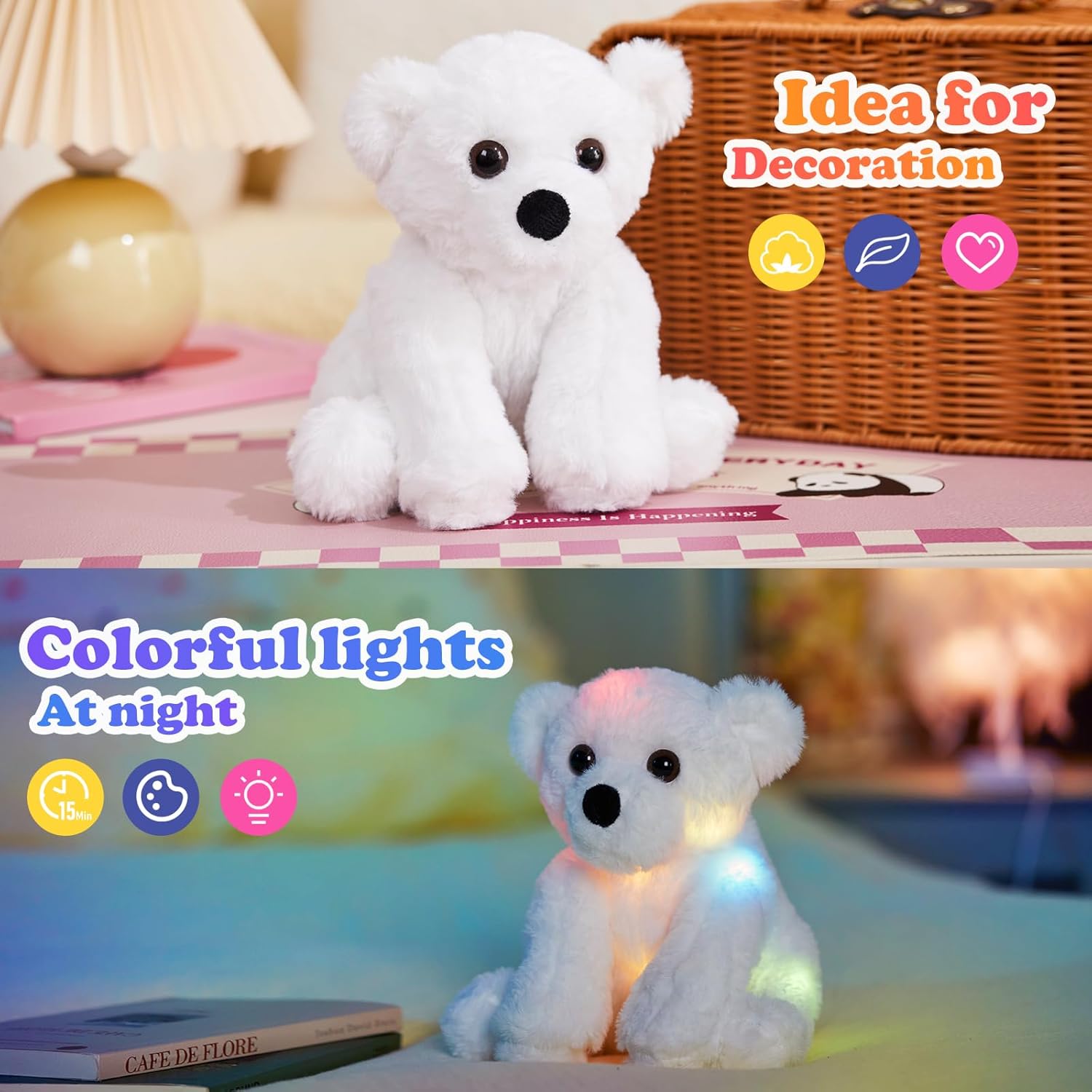 BSTAOFY Glow Polar Bear Light up Stuffed Animal LED Night Light Soft Plush Toy Adorable Birthday Valentines Mother's Children's Day for Toddler Kids, White, 9.5''