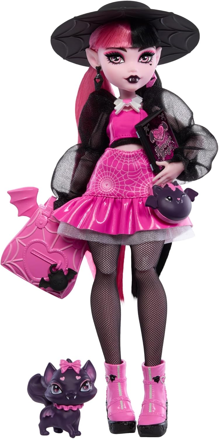 Monster High Draculaura Doll with Pet Bat-Cat Count Fabulous & Accessories Like Backpack, Spell Book, Bento Box & More