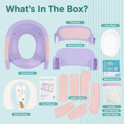 SereneLife 2-in-1 Potty Chair & Potty Training Seat with Step Stool Ladder - Height Adjustable Kids/Toddler Toilet Seat with Stable Anti-Slip Design, Cushioned Seat & Splash Guard For Boys Girls