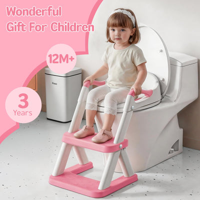 Rabb 1st Potty Training Toilet Seat with Steps, 2-in-1 Toddler Toilet Seat for Boys Girls with Splash Guard Soft Anti-Slip Pad,Bright Pink
