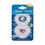 Dr. Brown's Advantage Glow-in-The-Dark Baby Pacifier, Fully Symmetrical Soother with Soft Silicone Bulb, Purple Nature, 6-18m, BPA Free, 2 Pack