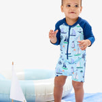 RUGGEDBUTTS Baby/Toddler Boy Swimsuit, One Piece Zipper Rash Guard Sunsuit with UPF 50+ Sun Protection - Blue Sweet Sails, 2T