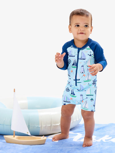 RUGGEDBUTTS Baby/Toddler Boy Swimsuit, One Piece Zipper Rash Guard Sunsuit with UPF 50+ Sun Protection - Blue Sweet Sails, 2T