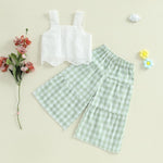 Toddler Baby Girl Outfit Summer Sleeveless Lace Hollow Out Crop Tank Tops Plaid Wide Leg Pants Set 2PCS Clothes