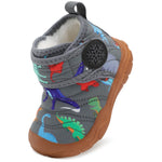BARERUN Toddler Boots Wide Toe Girls Boys Winter Boots Cozy Fleece Snow Boots Dinosaur Slippers Indoor Outdoor Warm Shoes Grey Baby Shoe Size 12-18 Months