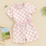 FOCUSNORM Toddler Baby Girl Outfit Newborn Girl Summer Clothes Short Sleeve T Shirt Checkerboard Top Set Elastic Waist Shorts (Checkerboard Pink, 12-18 Months)