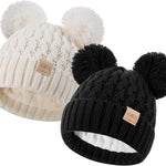 Toddler Winter Beanie Hat, Infant Winter Warm Knit Fleece Lined Cap for Girls Boys with Pom Pom for 0-36 Months 2 Packs