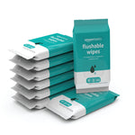 Pack of Amazon Basics flushable wipes on a white background
