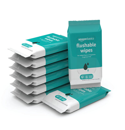 Pack of Amazon Basics flushable wipes on a white background
