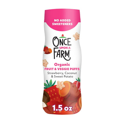 Container of Once Upon A Farm Organic Fruit & Veggie Puffs on a white background