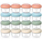 Set of clear containers with colorful lids on a white background