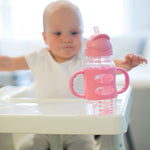 Dr. Brown's Milestones Wide-Neck Sippy Straw Bottle, Spill-Proof with 100% Silicone Handles and Weighted Straw, 9 oz/270 mL, Gray & Pink, 6m+, 2-Pack