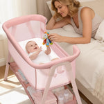 JevrJeur Baby Bassinet, Bedside Bassinet for Baby, Bassinet Bedside Sleeper with Mattress, Storage Basket and 4 Auto-Lock Wheels, Full-Mesh Sides, Bedside Mini Crib for Newborn (Pink)
