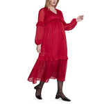 Motherhood Maternity Women's Long Sleeve V-Neck Tiered Maxi Pregnancy Dress with Drawstring, Barbados Cherry, Large