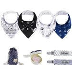 Dodo Babies Bandana Drool Bib Set – Four 100% Cotton Bibs with Soft Polyester Lining, 2 Pacifier Clips, Binky Case, Navy Dot Gift Bag for Baby Girl or Boy Shower – Adjustable Snap Fit for 3-24 Months
