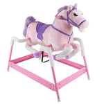 Spring Rocking Horse - Plush Bouncy Ride-On Toy with Fun Sounds, Wood Handles, and Adjustable Stirrups for Kids Ages 3 to 6 by Happy Trails (Pink)