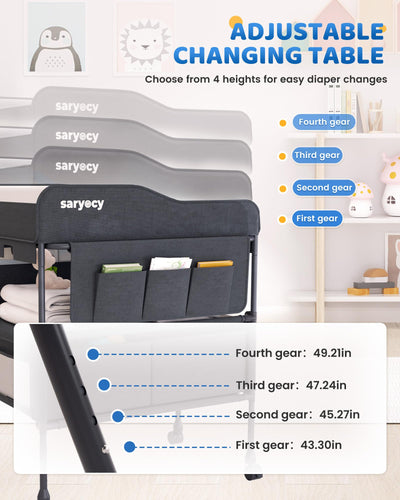 Saryocy Baby Changing Table with Storage, Versatile Folding Changing Table, Baby Changing Station, Removable Wheels, 4 Adjustable Height, Waterproof, Mobile Nursery for Infant and Newborn