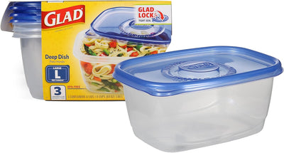 Glad food storage container with blue lid and packaging displaying the Glad brand.