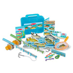 Toy fishing set with tackle box, rods, and fish on a white background