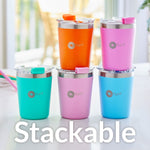 PopYum 9oz Insulated Stainless Steel Kids’ Cups with Lid and Straw, 2-Pack, Blue, Green, stackable, sippy, baby, child, toddler, tumbler, double wall, vacuum, leak proof