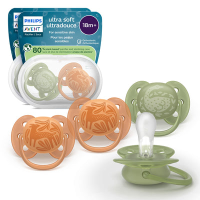 Philips Avent ultra soft pacifiers with packaging on a white background