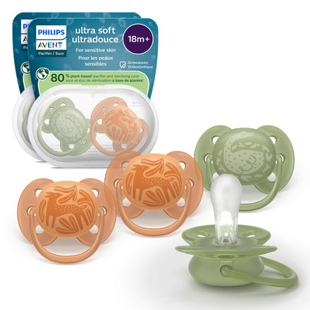 Philips Avent ultra soft pacifiers with packaging on a white background